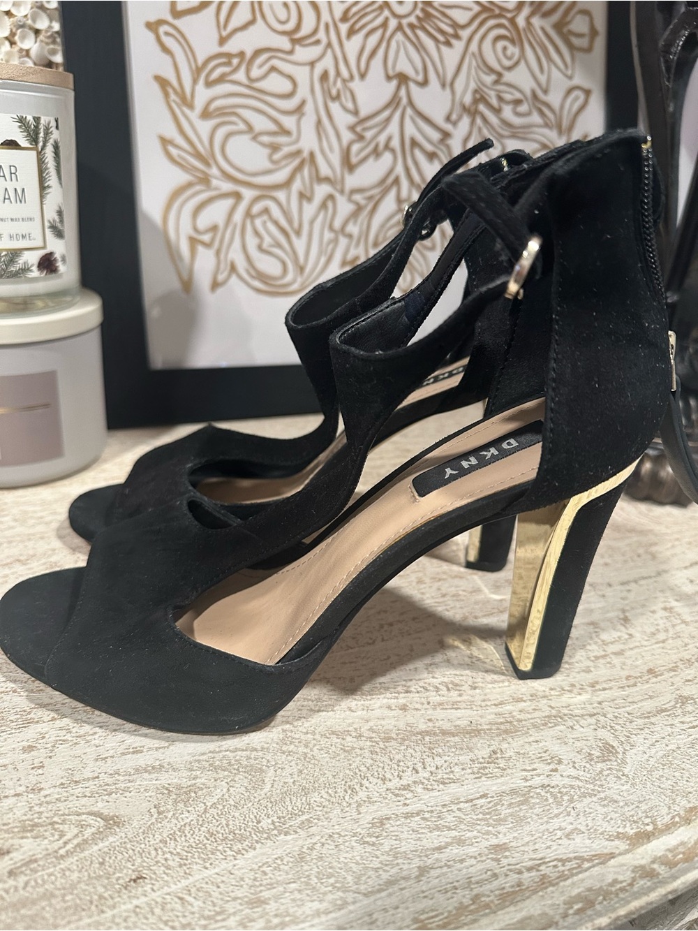 DKNY Black Suede Strappy Heels with Gold Block Heel